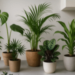 Schaduwplanten in een woonkamerhoek: Monstera, Rhapis, Dracaena, Kentia en Calathea als kamerplanten voor donkere plekken en halfschaduw.