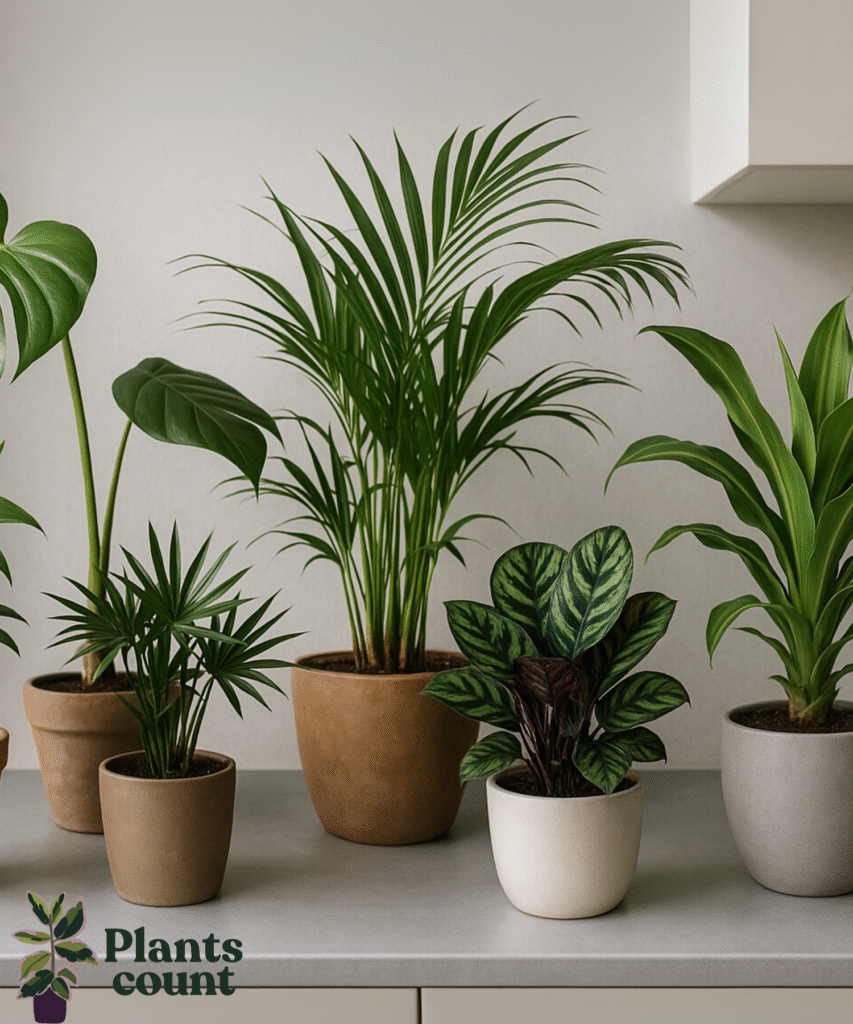 Schaduwplanten in een woonkamerhoek: Monstera, Rhapis, Dracaena, Kentia en Calathea als kamerplanten voor donkere plekken en halfschaduw.