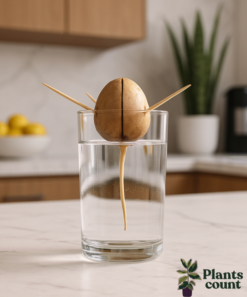 Avocadopit met tandenstokers ontkiemend in een glas water op het aanrecht van een moderne keuken.