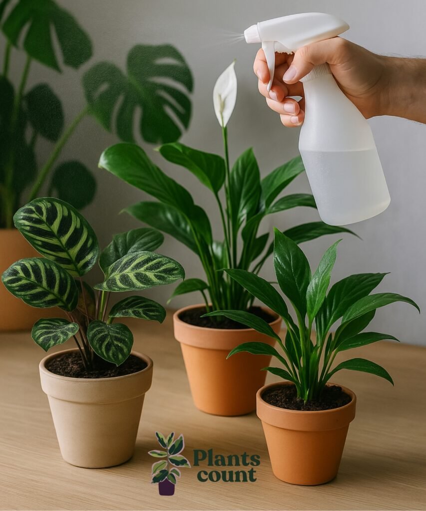 Tropische kamerplanten zoals Calathea en Monstera die profiteren van een hogere luchtvochtigheid binnenshuis.