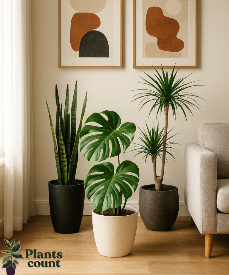 Moderne woonkamer met grote ramen, waarin een Monstera, Dracaena en Zamioculcas stijlvol bij elkaar staan in designpotten.