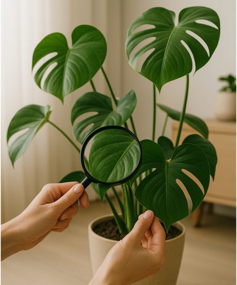Close-up van kamerplantblad met spint en webjes, veelvoorkomend ongedierte.