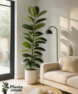 Grote kamerplant in een stijlvolle designpot geplaatst in een moderne woonkamer met natuurlijk licht, als interieuraccent door een stylist.