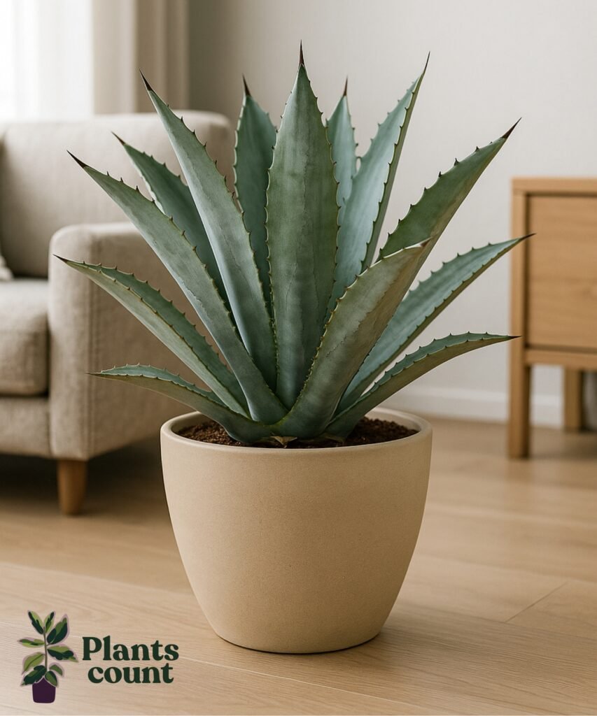 Agave plant met dikke, zwaardvormige bladeren in rozetvorm, groeiend op een zonnige standplaats.