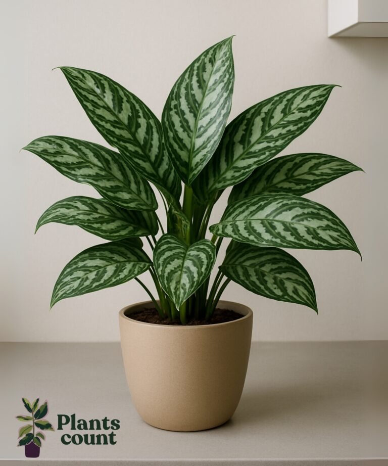 Aglaonema kamerplant met grote bontgekleurde bladeren, geschikt voor donkere hoeken binnenshuis.