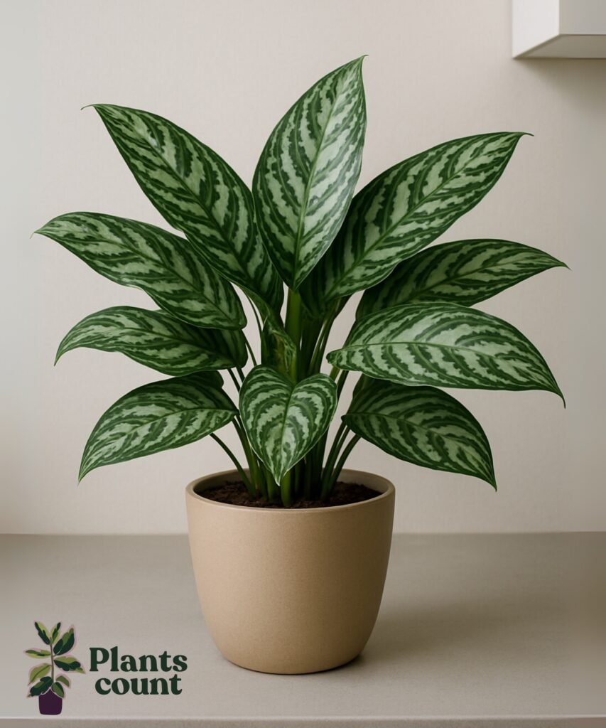 Aglaonema kamerplant met grote bontgekleurde bladeren, geschikt voor donkere hoeken binnenshuis.