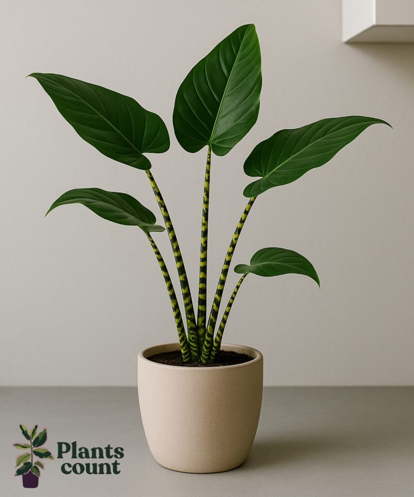 Alocasia Zebrina met grote olifantsoorbladeren en gestreepte stelen in een woonkamer.