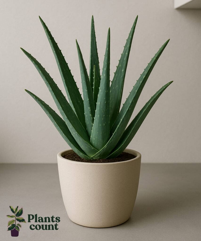 Aloë Vera plant met dikke grijsgroene bladeren in rozetvorm, geschikt als makkelijke kamerplant.