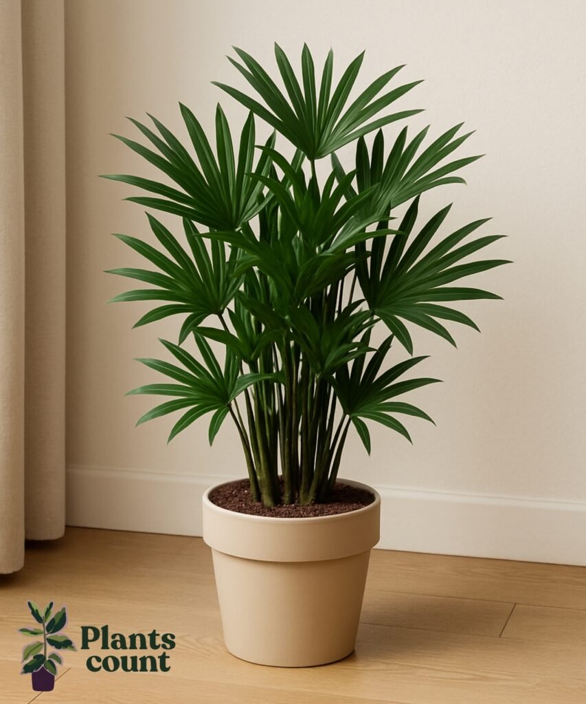 Rhapis excelsa (bamboepalm) met donkergroene waaierbladeren uit meerdere slanke stammen, geschikt voor halfschaduw.