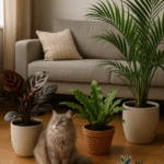 Kat naast Calathea – niet giftige kamerplant voor katten en honden