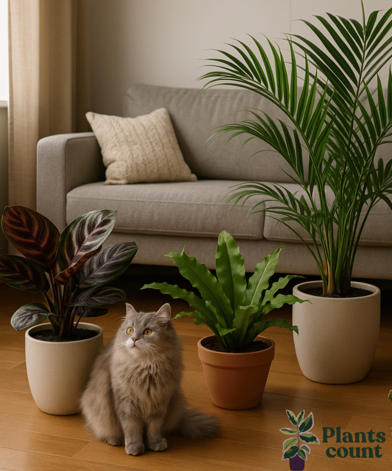 Kat naast Calathea – niet giftige kamerplant voor katten en honden